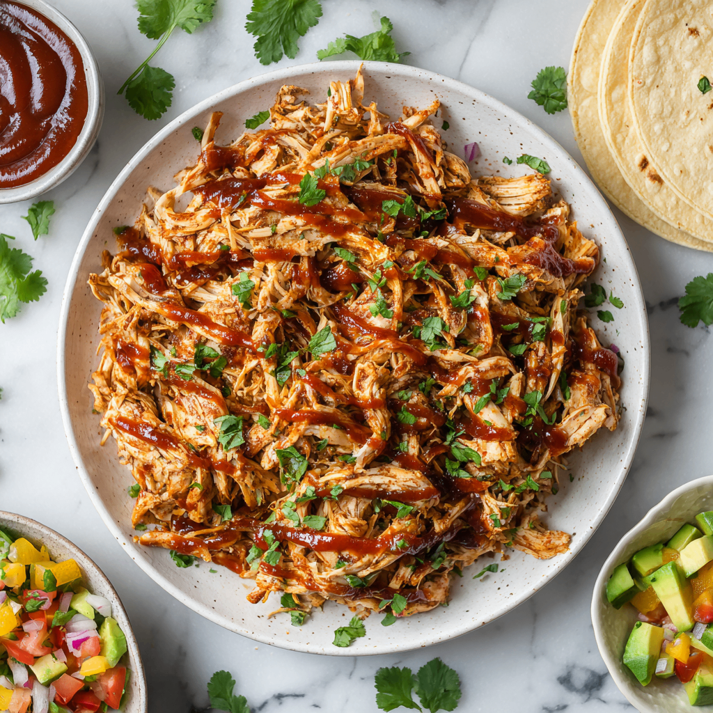 Juicy air fryer shredded chicken for tacos, salads, and meal prep, captured in a warm kitchen setting.