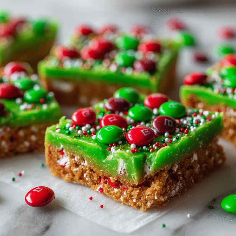 No-bake Grinch Christmas Crack with vibrant green candy melts, graham crackers, and M&Ms for festive holiday fun.