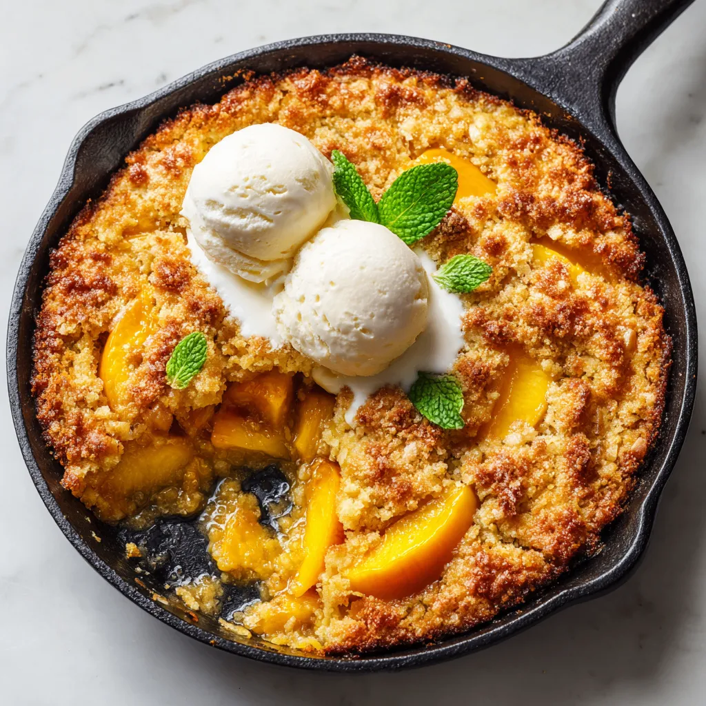 Peach Cobbler with Almond Topping, an autumn dessert made with juicy peaches and crunchy almond topping, perfect for family gatherings.