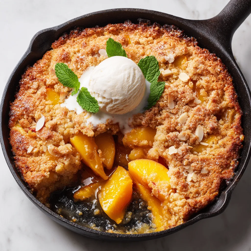 Peach Cobbler with Almond Topping, an autumn dessert made with juicy peaches and crunchy almond topping, perfect for family gatherings.