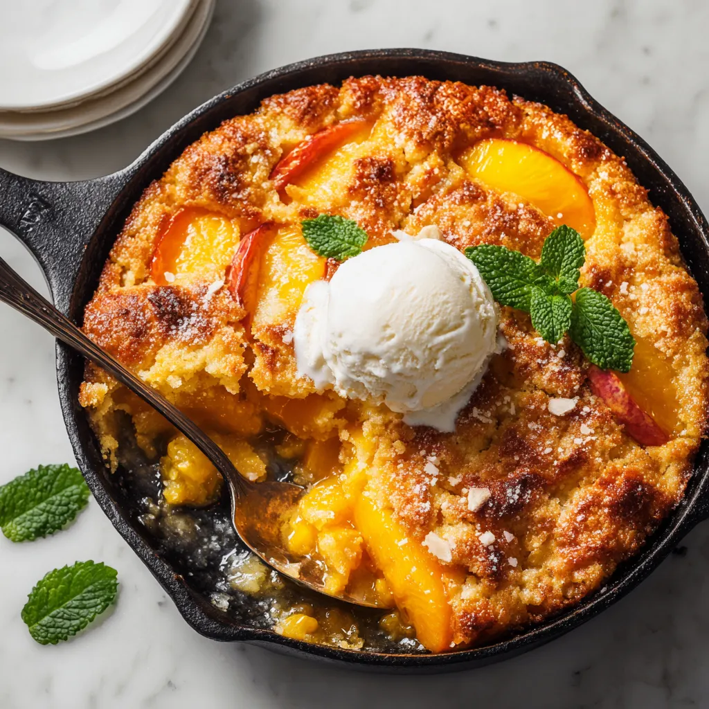 Peach Cobbler with Almond Topping, an autumn dessert made with juicy peaches and crunchy almond topping, perfect for family gatherings.