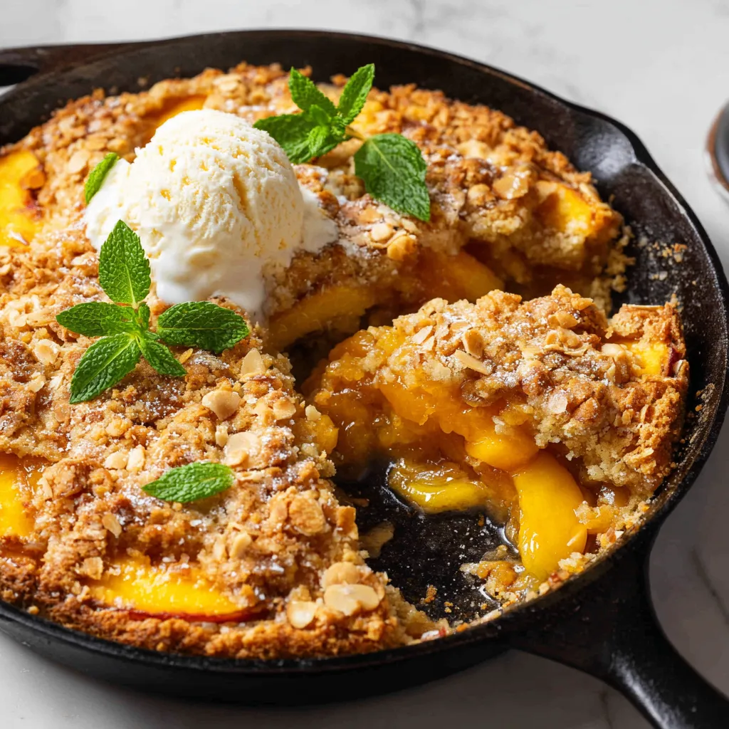 Peach Cobbler with Almond Topping, an autumn dessert made with juicy peaches and crunchy almond topping, perfect for family gatherings.