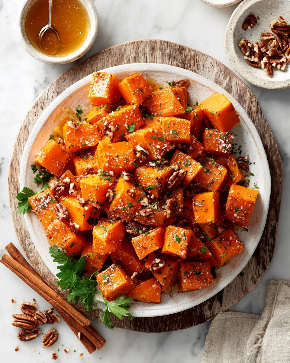 Savory Salted Maple Roasted Sweet Potatoes with a hint of maple syrup and sea salt, perfect for holiday gatherings and cozy fall dinners.