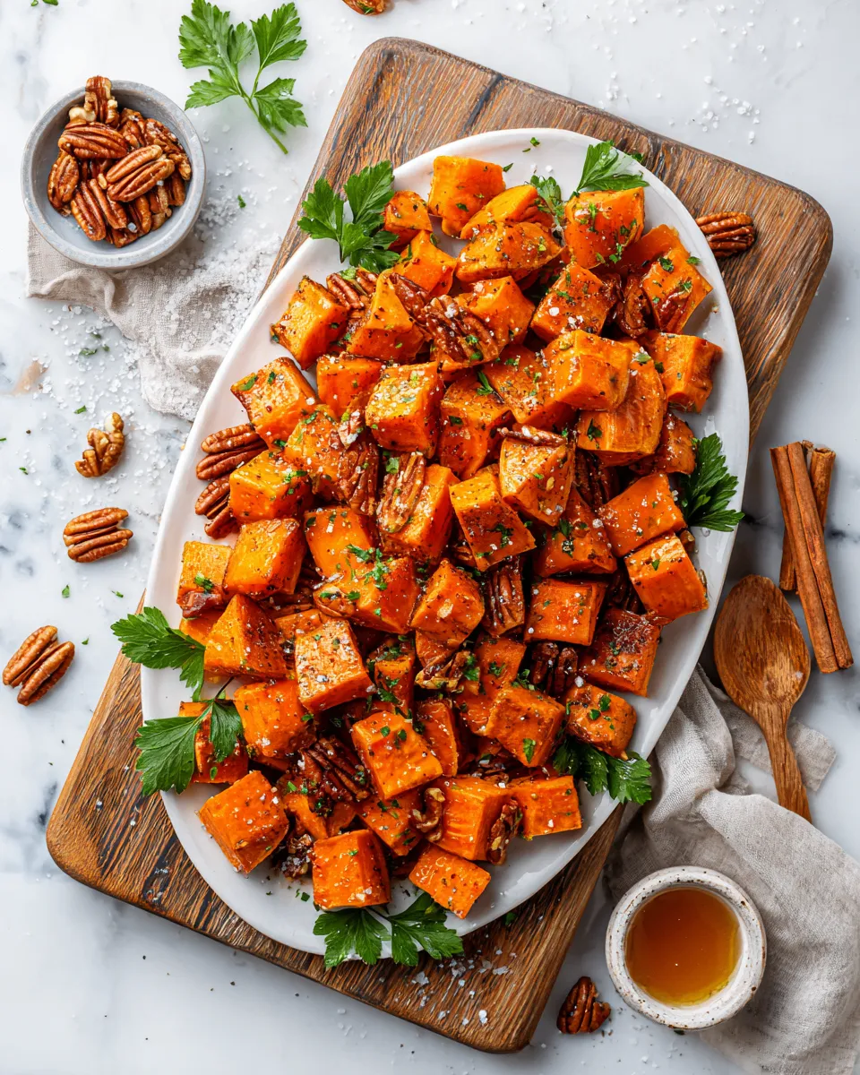 Savory Salted Maple Roasted Sweet Potatoes with a hint of maple syrup and sea salt, perfect for holiday gatherings and cozy fall dinners.