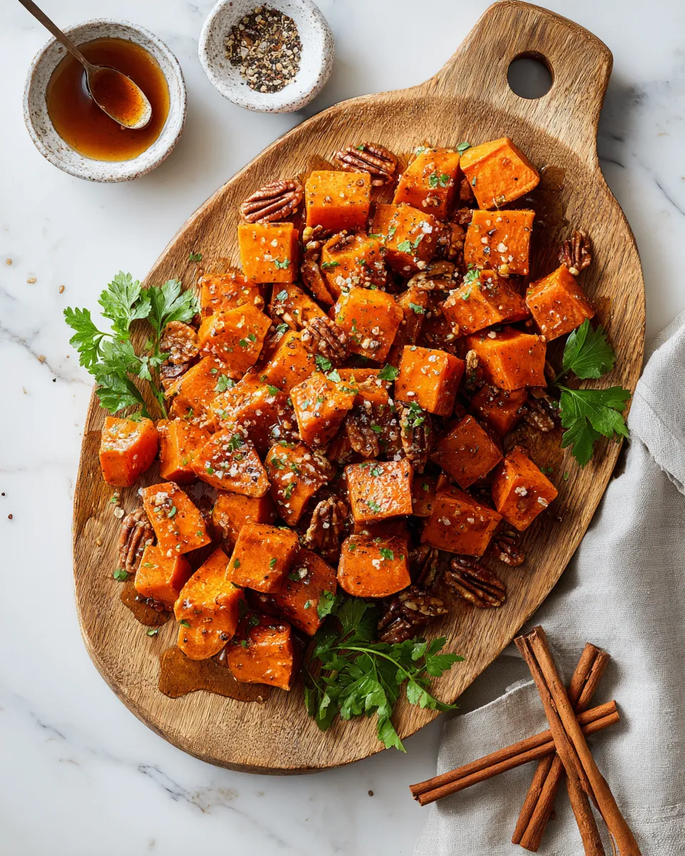 Savory Salted Maple Roasted Sweet Potatoes with a hint of maple syrup and sea salt, perfect for holiday gatherings and cozy fall dinners.