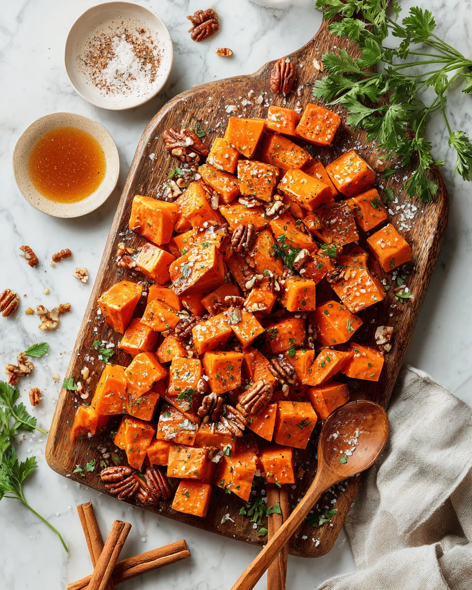 Savory Salted Maple Roasted Sweet Potatoes with a hint of maple syrup and sea salt, perfect for holiday gatherings and cozy fall dinners.