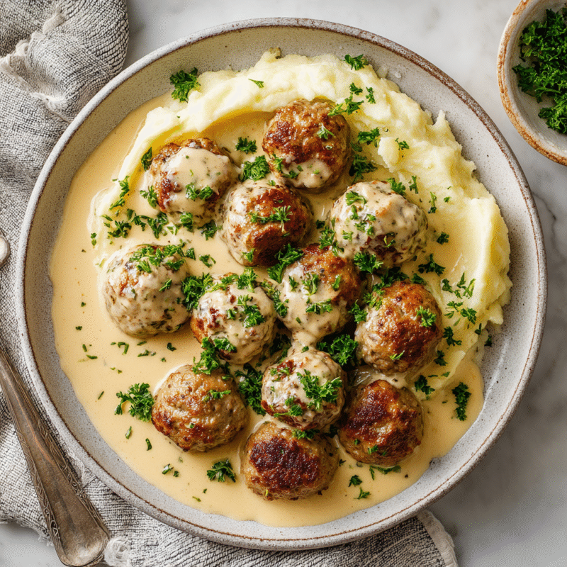 Swedish meatballs in creamy gravy served on a festive platter, ideal for holiday gatherings and comfort food lovers.