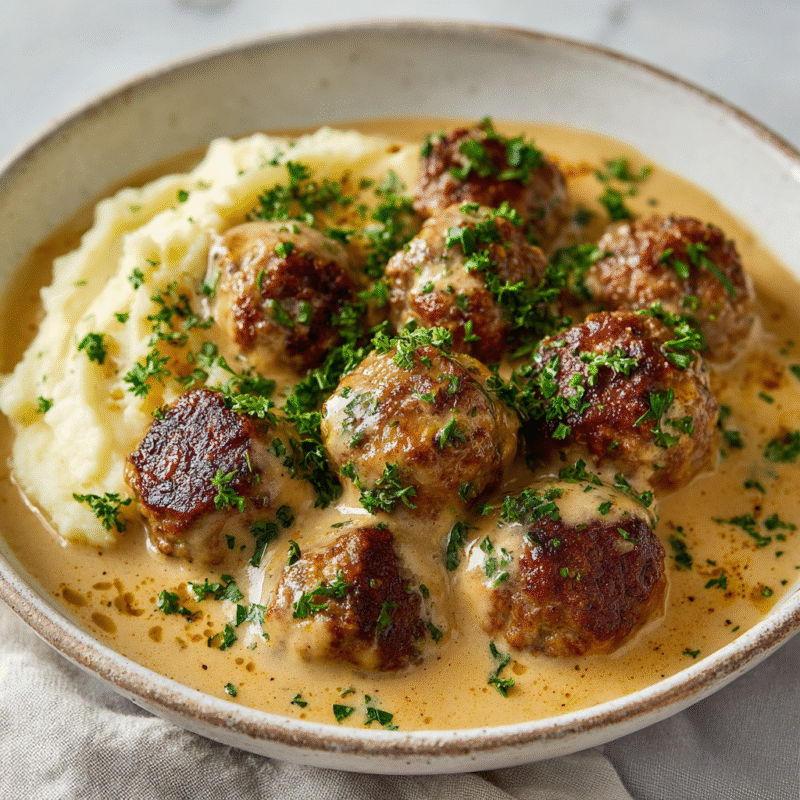 Swedish meatballs in creamy gravy served on a festive platter, ideal for holiday gatherings and comfort food lovers.