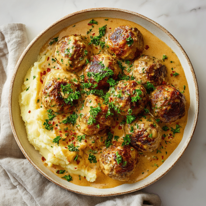 Swedish meatballs in creamy gravy served on a festive platter, ideal for holiday gatherings and comfort food lovers.