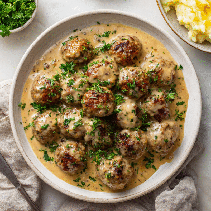 Swedish meatballs in creamy gravy served on a festive platter, ideal for holiday gatherings and comfort food lovers.