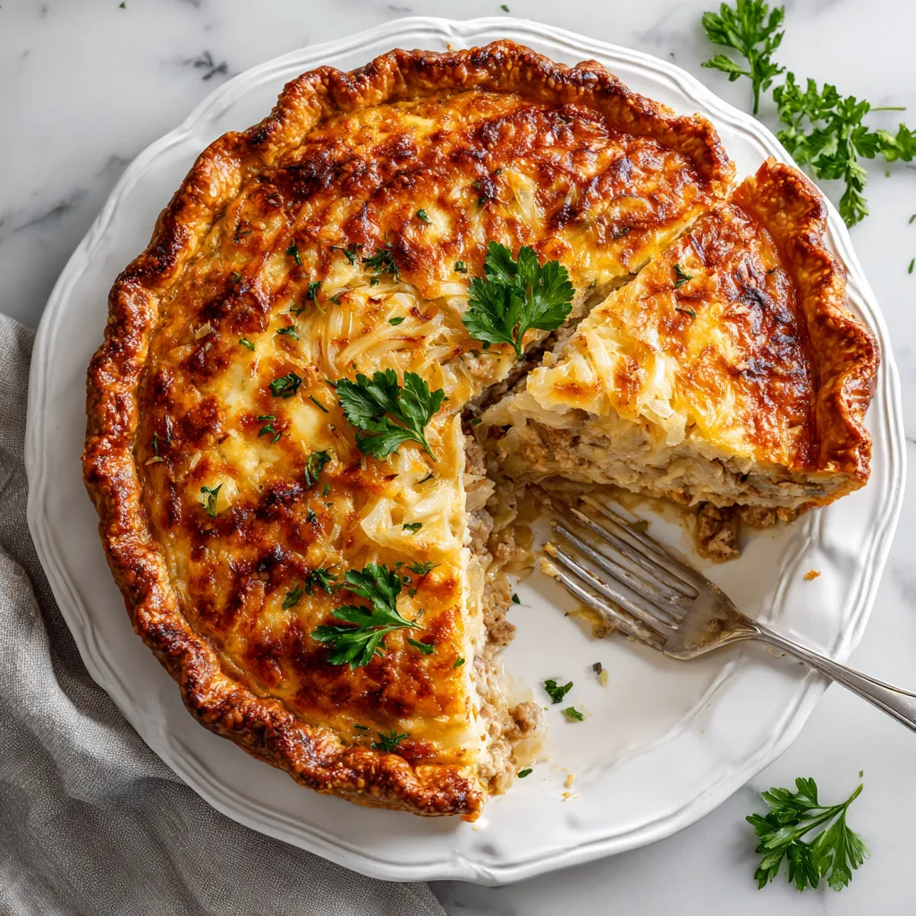 Sweet Onion Turkey Cheddar Pie with caramelized onions and turkey, perfect for holiday dinners