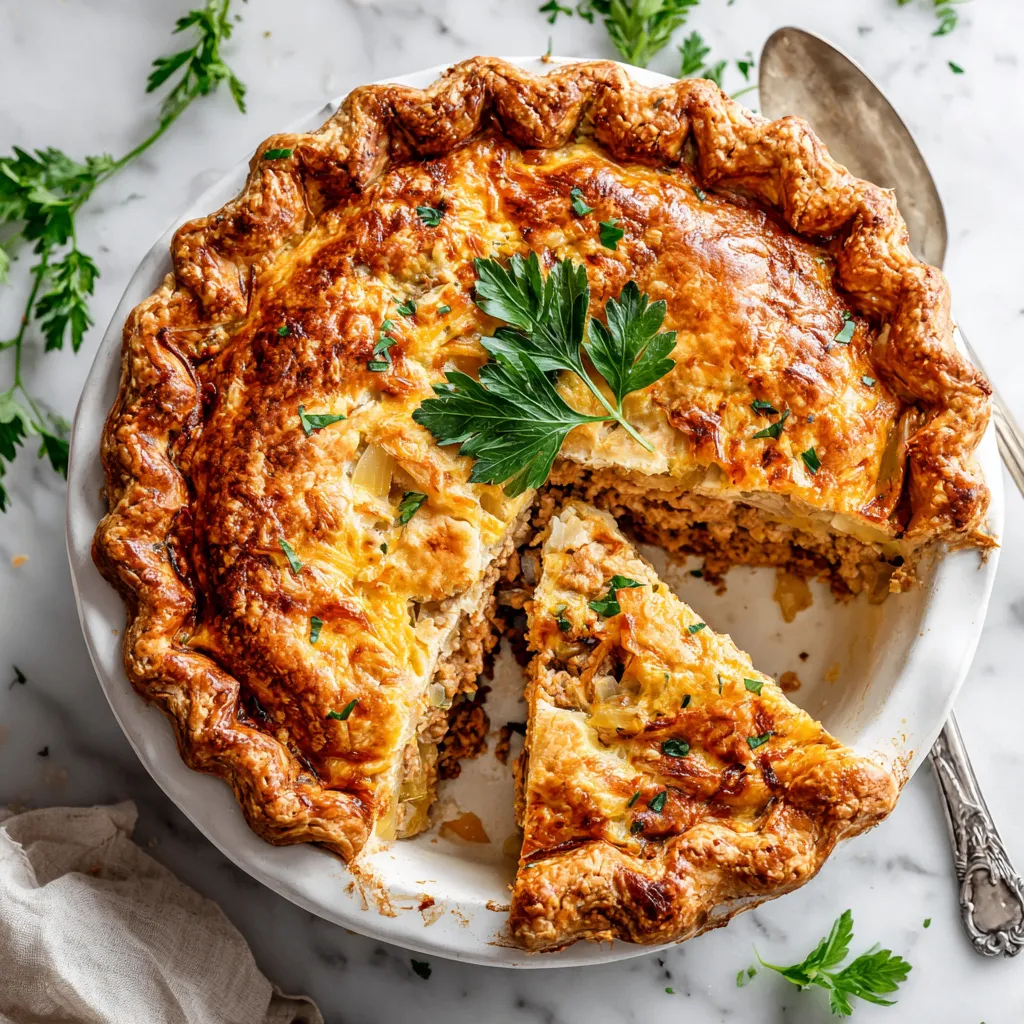 Sweet Onion Turkey Cheddar Pie with caramelized onions and turkey, perfect for holiday dinners