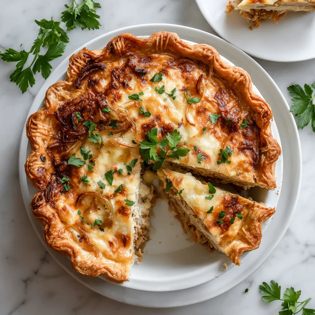 Sweet Onion Turkey Cheddar Pie with caramelized onions and turkey, perfect for holiday dinners