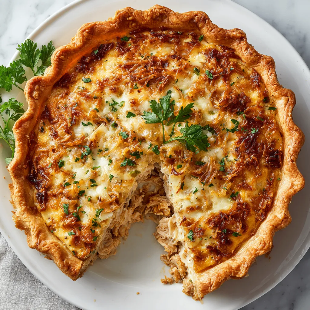 Sweet Onion Turkey Cheddar Pie with caramelized onions and turkey, perfect for holiday dinners