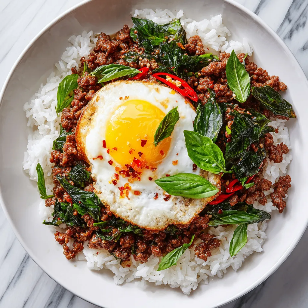 Thai Basil Beef stir-fried with fresh herbs and chilies served over jasmine rice