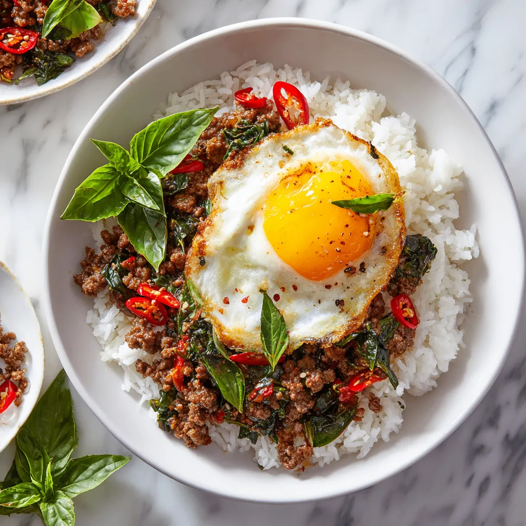 Thai Basil Beef stir-fried with fresh herbs and chilies served over jasmine rice