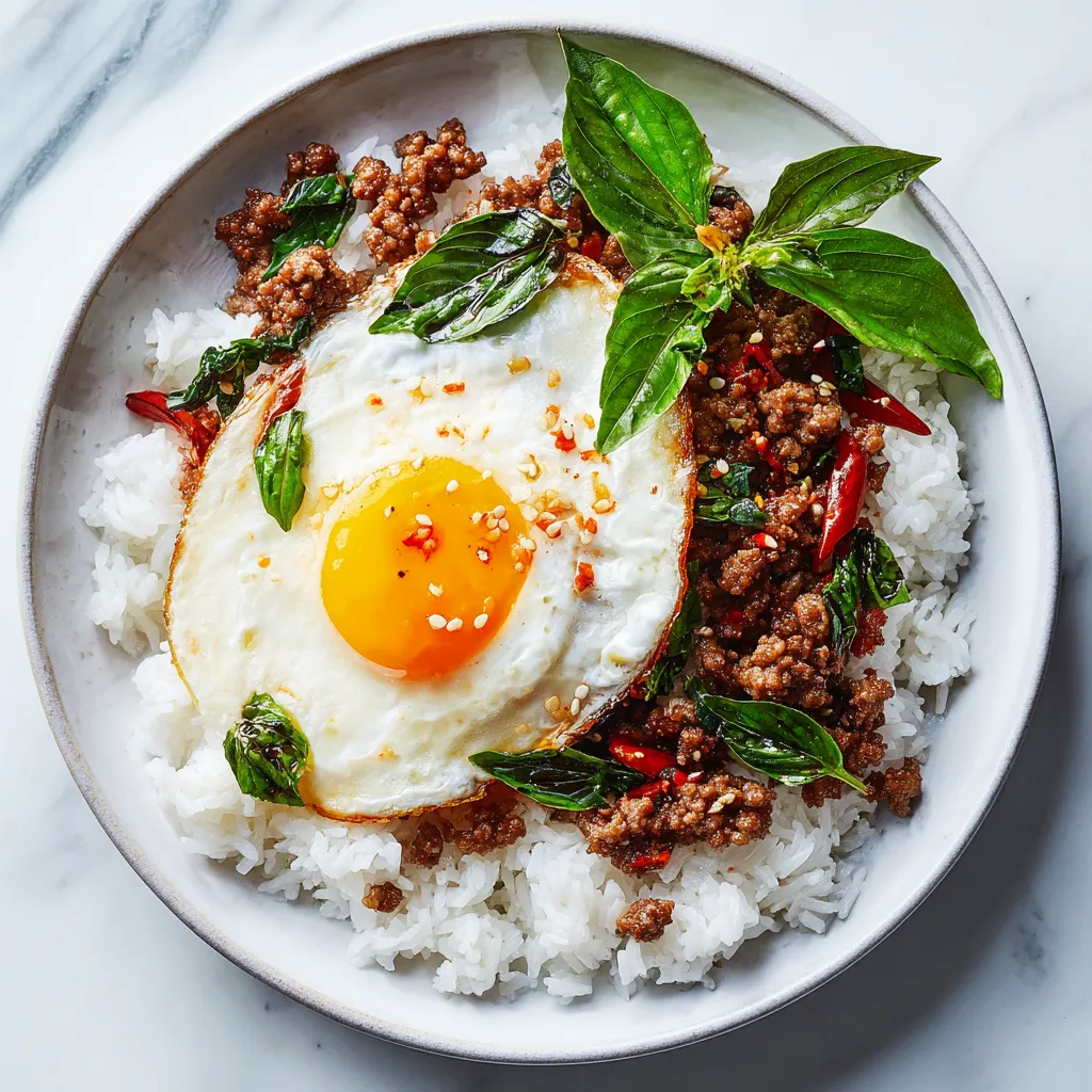 Thai Basil Beef stir-fried with fresh herbs and chilies served over jasmine rice