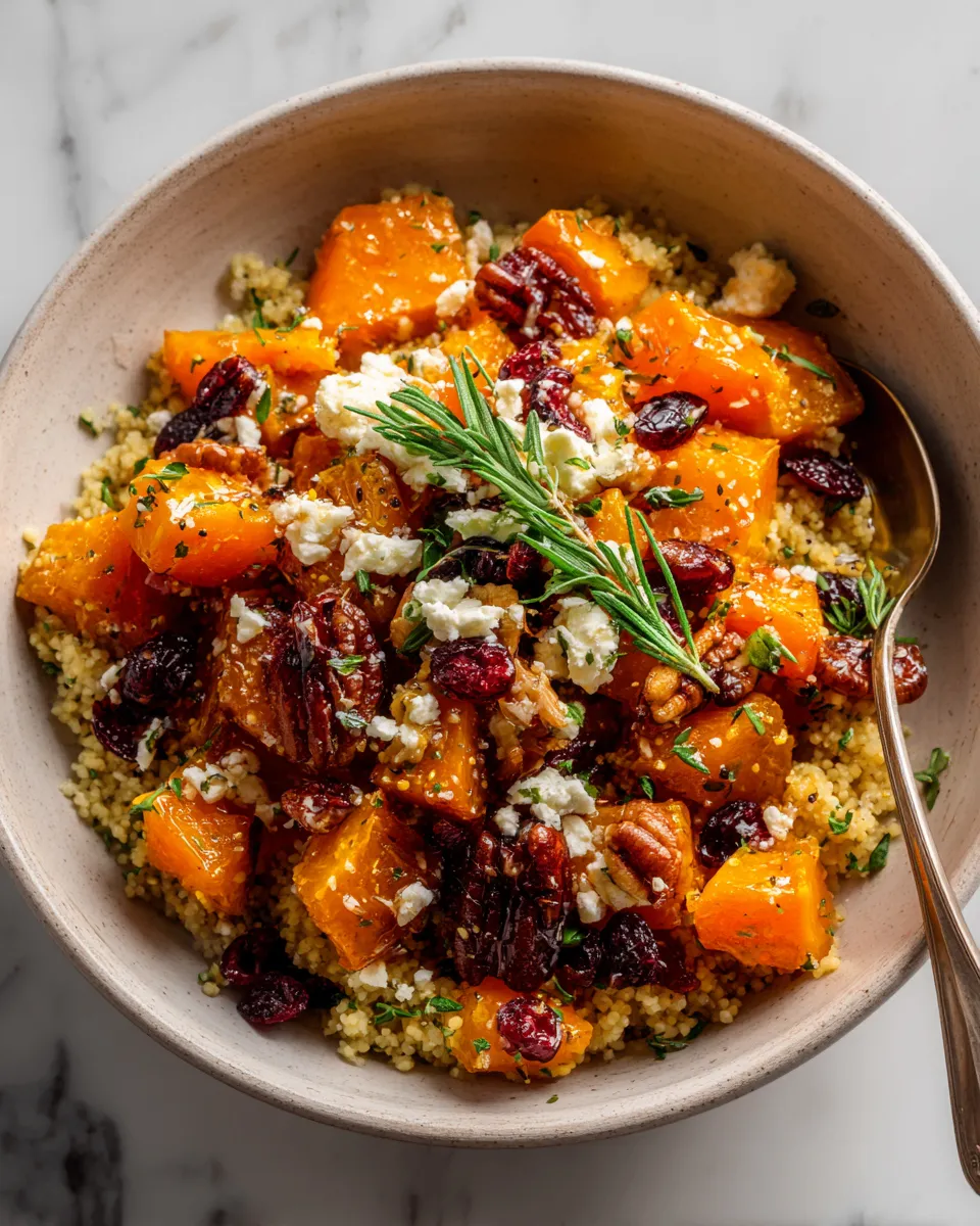 Butternut Couscous Bowl with maple vinaigrette, showcasing roasted squash and nutritious grains, ideal for fall gatherings.