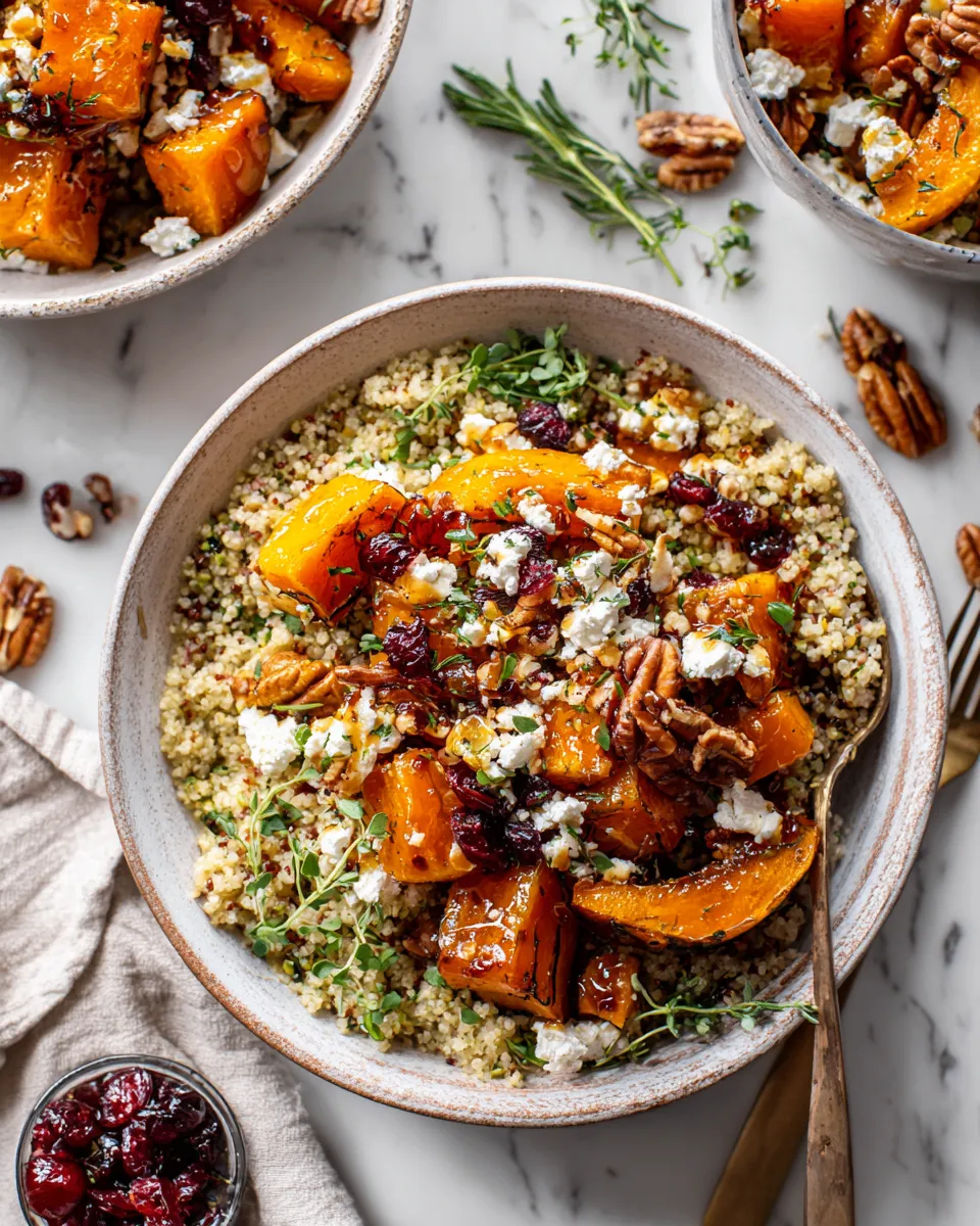 Butternut Couscous Bowl with maple vinaigrette, showcasing roasted squash and nutritious grains, ideal for fall gatherings.