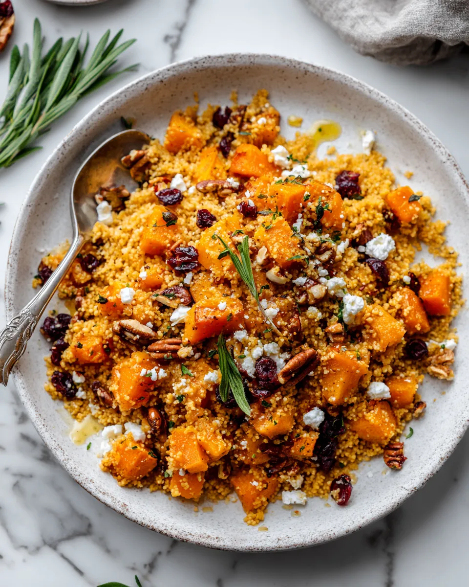 Butternut Couscous Bowl with maple vinaigrette, showcasing roasted squash and nutritious grains, ideal for fall gatherings.