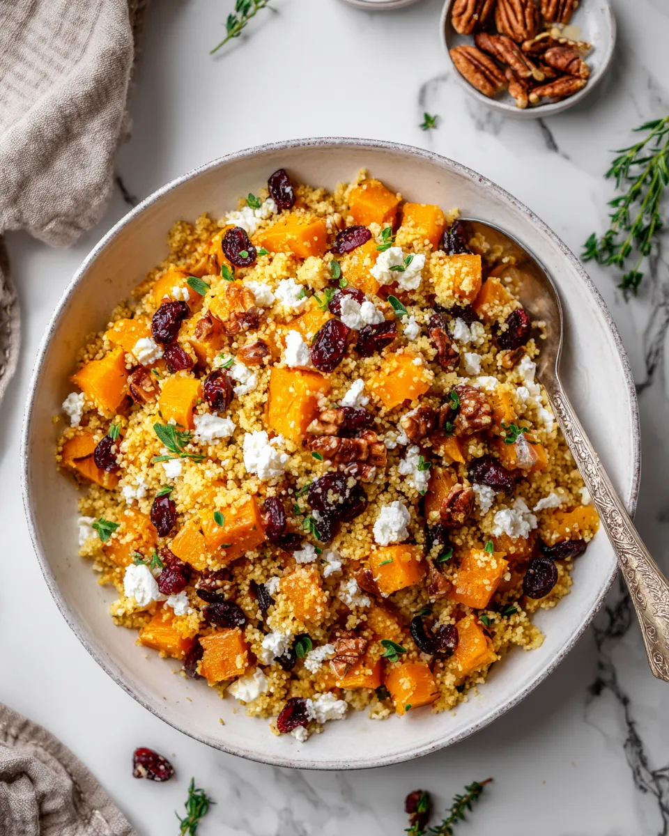 Butternut Couscous Bowl with maple vinaigrette, showcasing roasted squash and nutritious grains, ideal for fall gatherings.