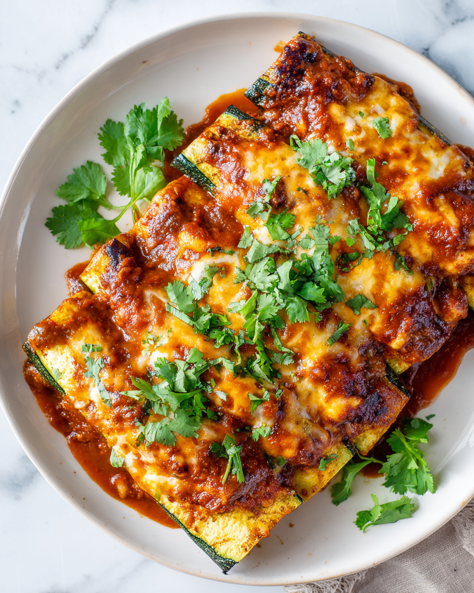 Cheesy Baked Zucchini Enchiladas with homemade sauce, a healthy twist on a classic dish, perfect for holiday gatherings.