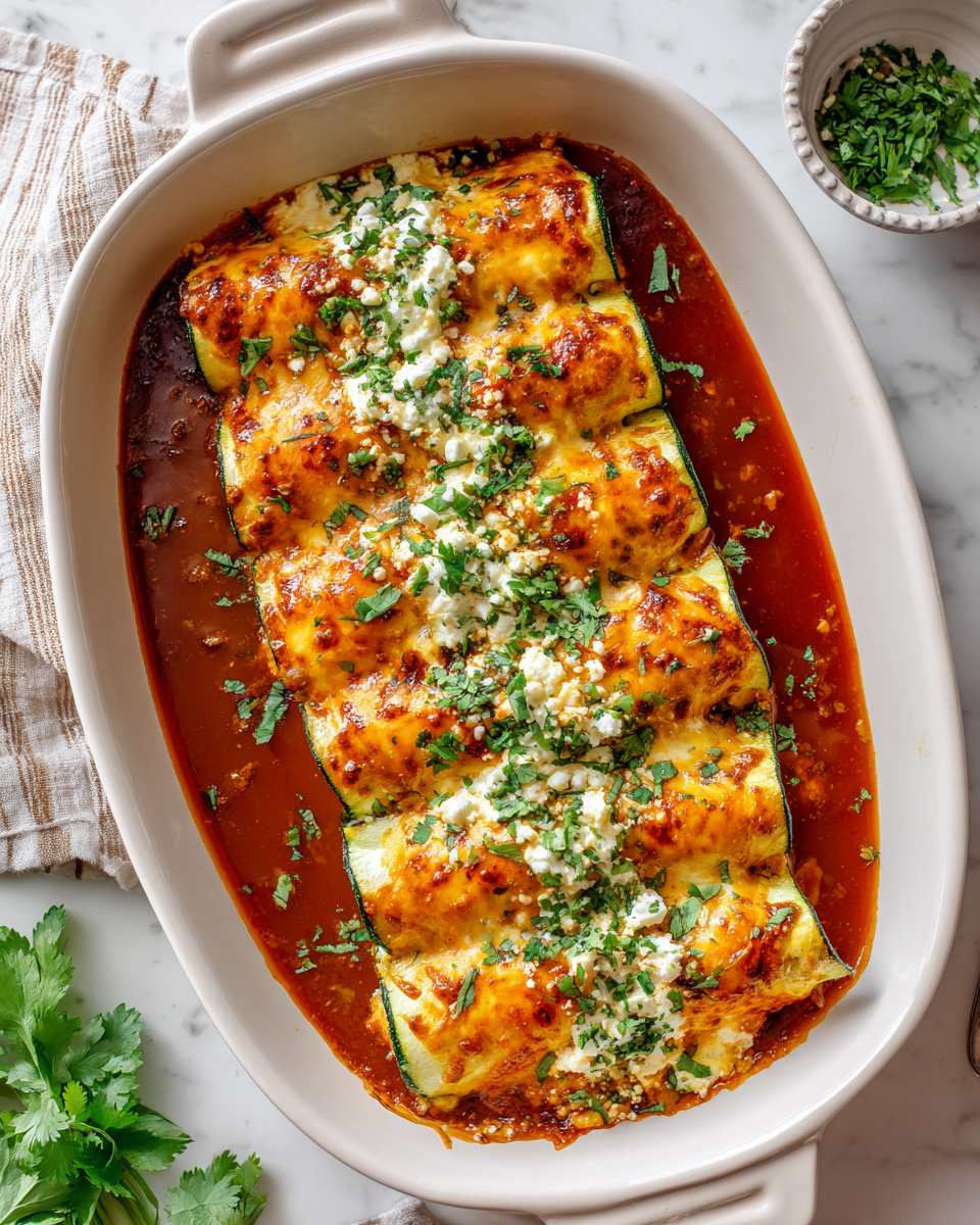 Cheesy Baked Zucchini Enchiladas with homemade sauce, a healthy twist on a classic dish, perfect for holiday gatherings.
