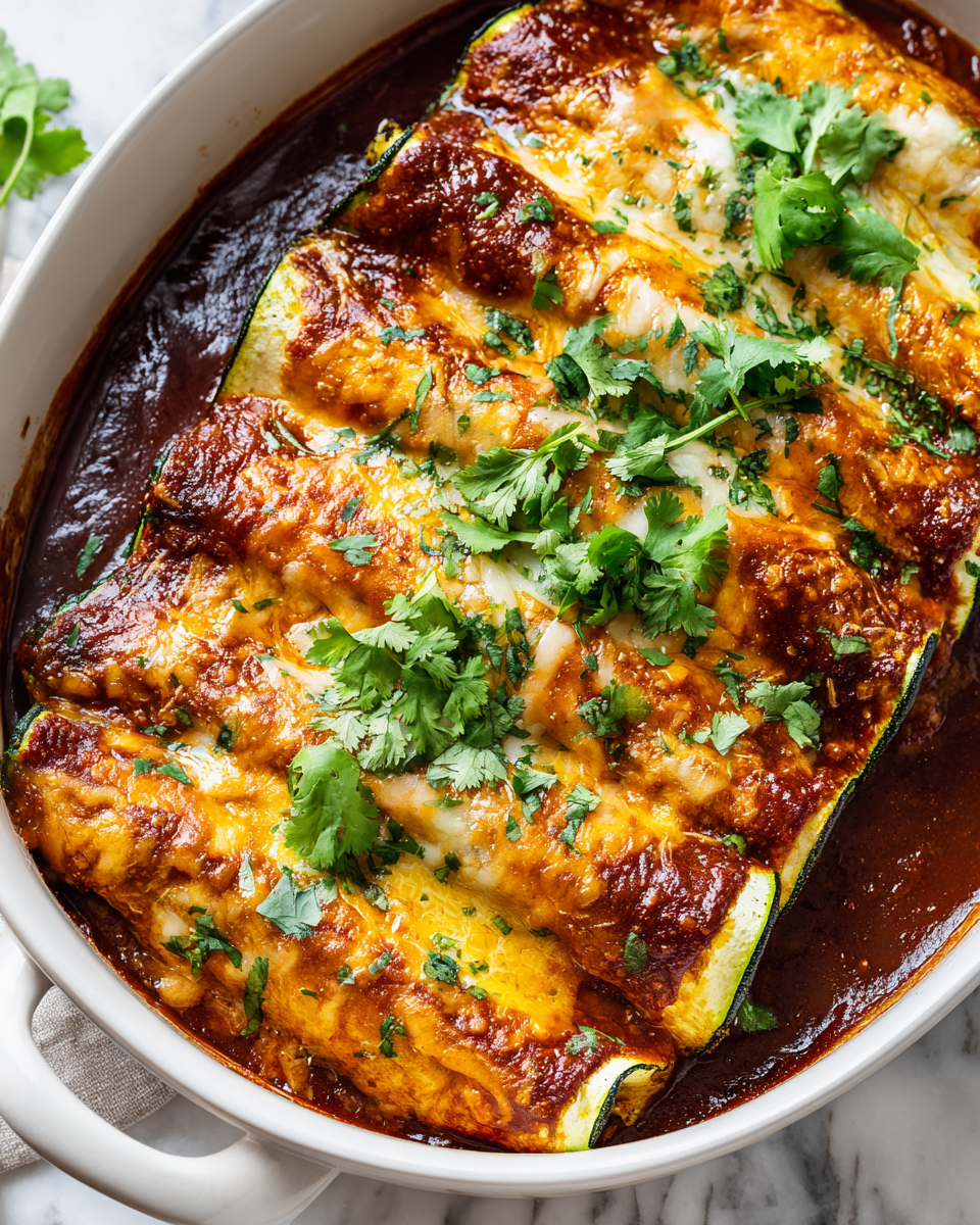 Cheesy Baked Zucchini Enchiladas with homemade sauce, a healthy twist on a classic dish, perfect for holiday gatherings.