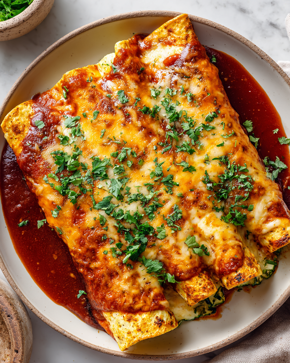 Cheesy Baked Zucchini Enchiladas with homemade sauce, a healthy twist on a classic dish, perfect for holiday gatherings.