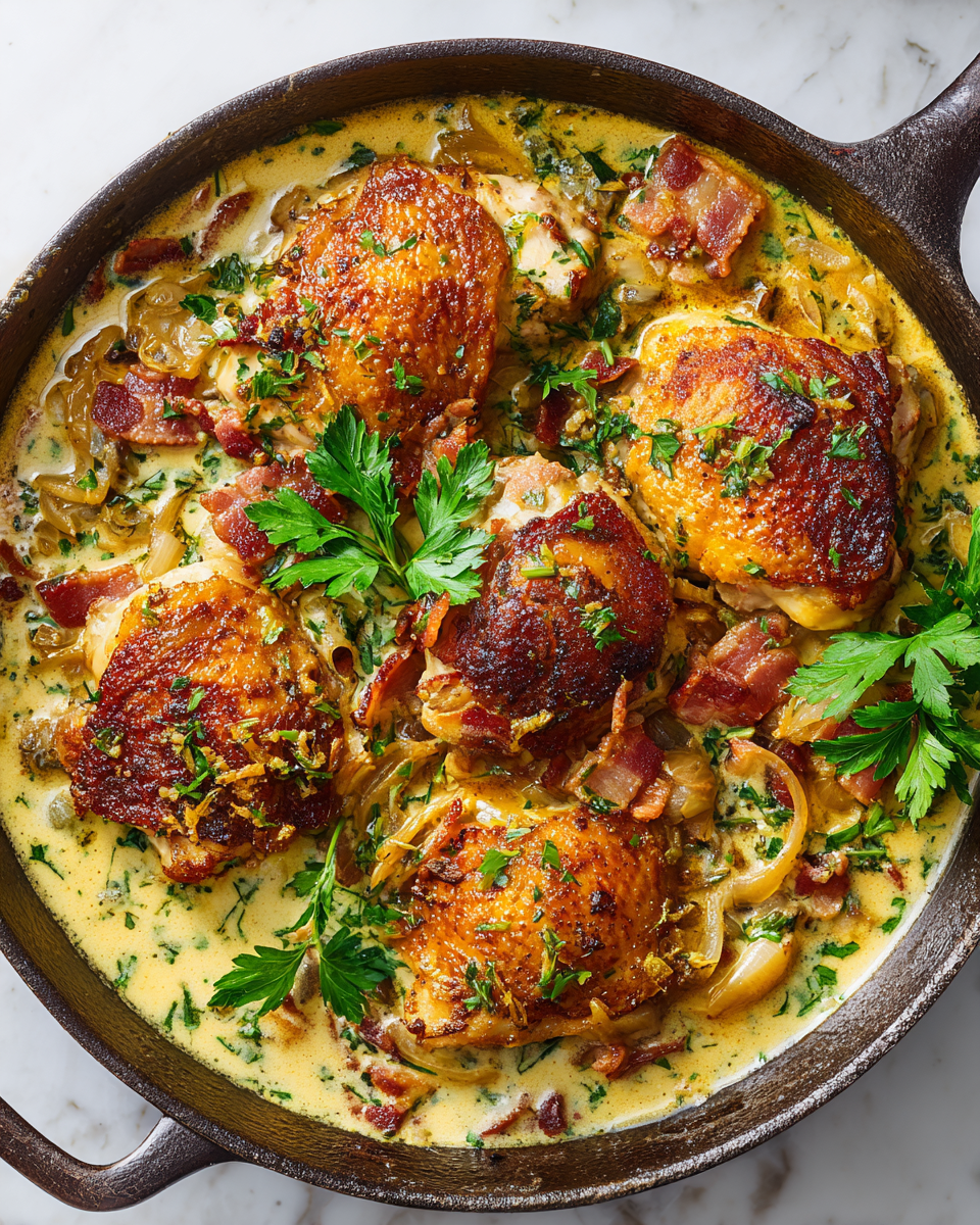 Delicious Chicken Fricassee with Shallots and Bacon in a creamy sauce, ideal for cozy meals and holiday gatherings, made with tender chicken and crispy bacon.