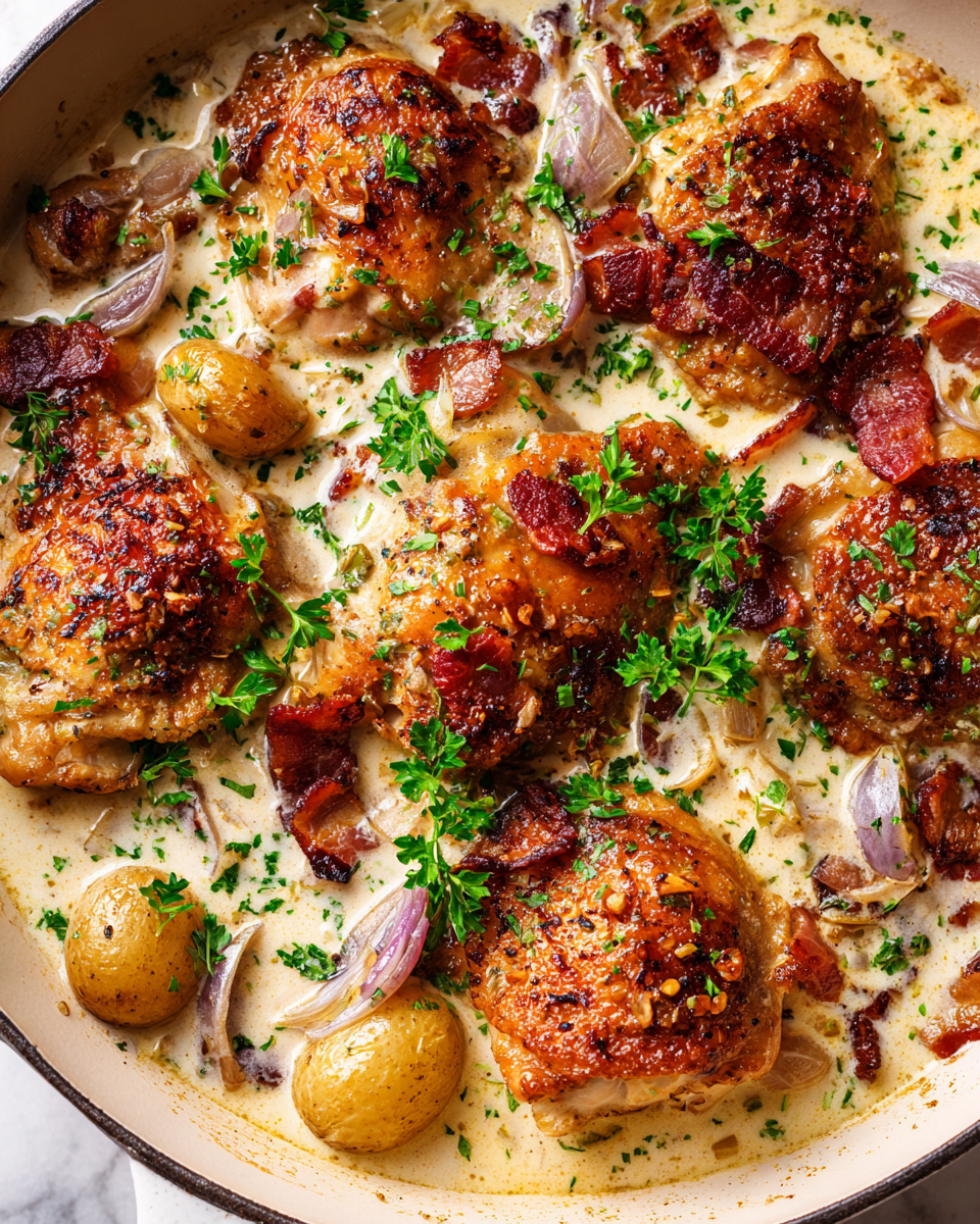 Delicious Chicken Fricassee with Shallots and Bacon in a creamy sauce, ideal for cozy meals and holiday gatherings, made with tender chicken and crispy bacon.
