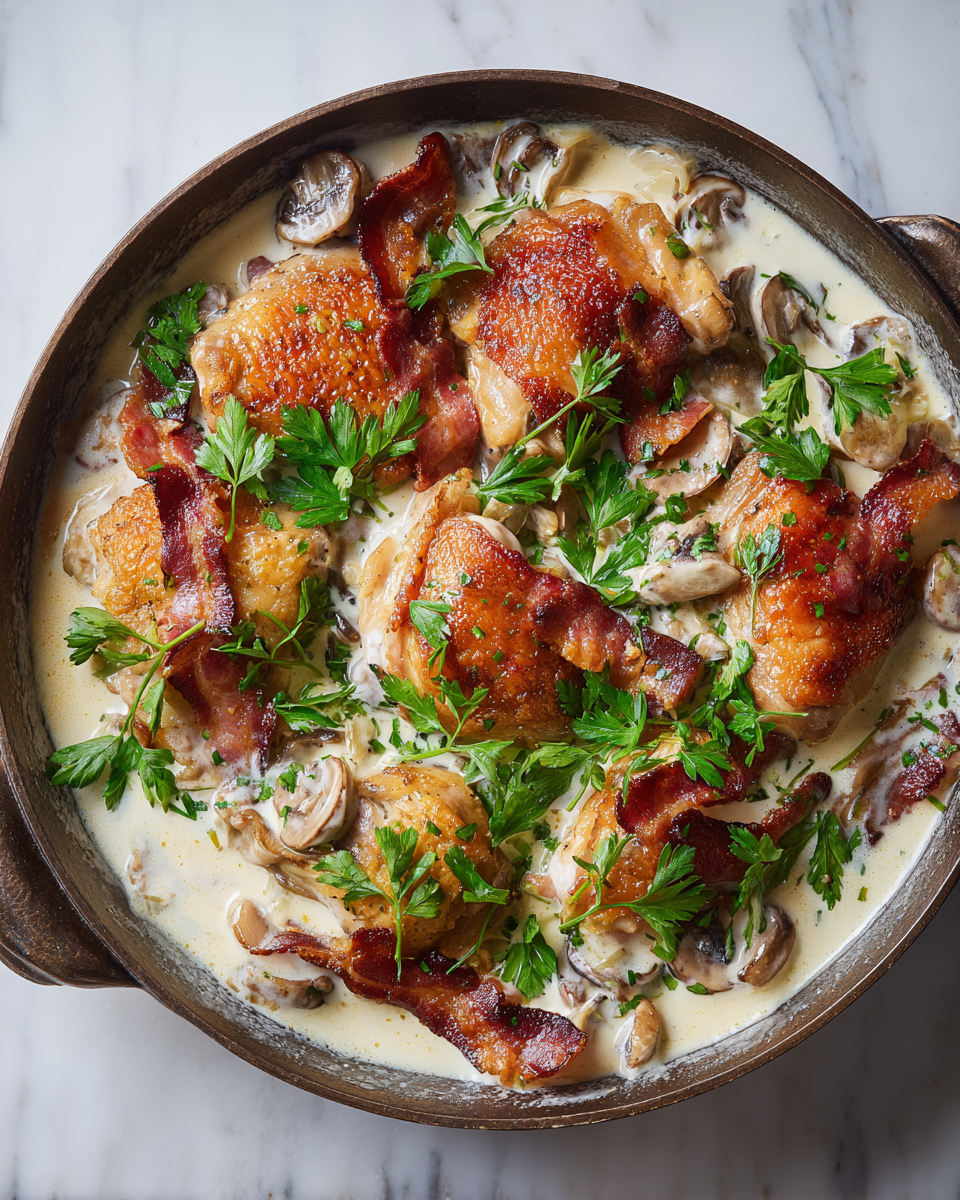 Delicious Chicken Fricassee with Shallots and Bacon in a creamy sauce, ideal for cozy meals and holiday gatherings, made with tender chicken and crispy bacon.