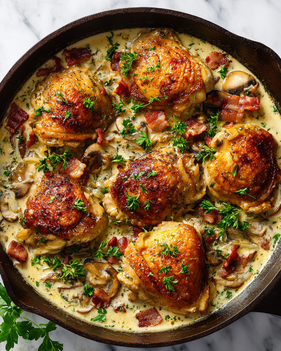 Delicious Chicken Fricassee with Shallots and Bacon in a creamy sauce, ideal for cozy meals and holiday gatherings, made with tender chicken and crispy bacon.
