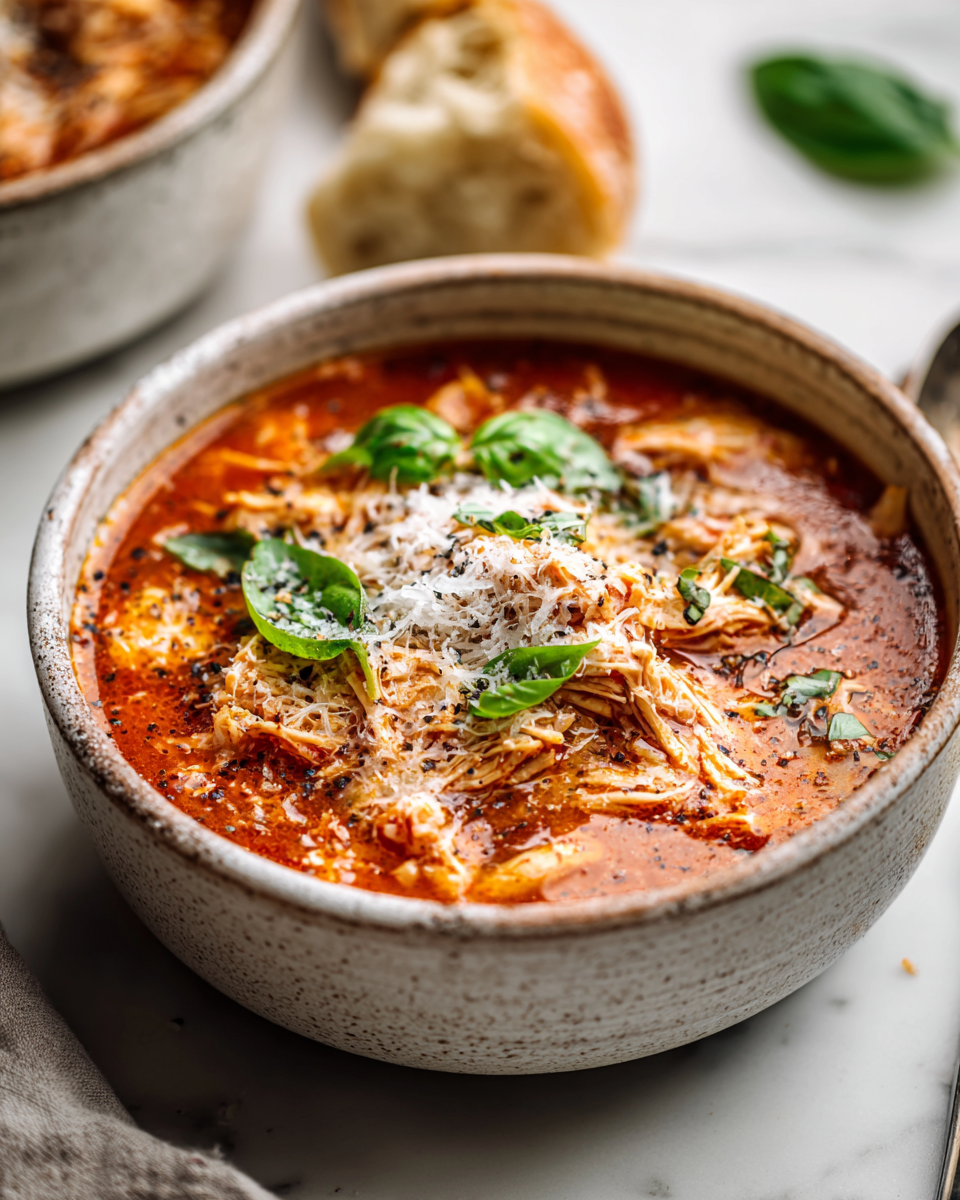 Delicious Chicken Parmesan Soup with tender chicken, rich tomatoes, and melty cheese, perfect comfort food for fall and winter.