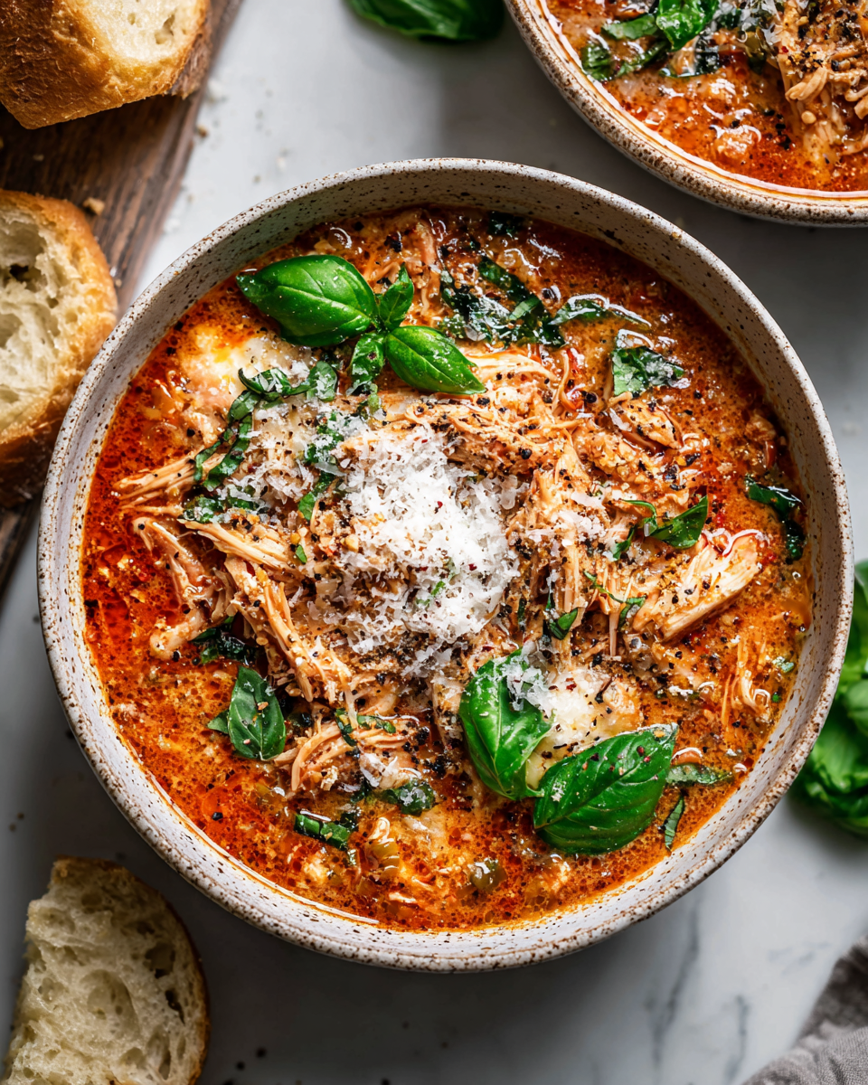 Delicious Chicken Parmesan Soup with tender chicken, rich tomatoes, and melty cheese, perfect comfort food for fall and winter.