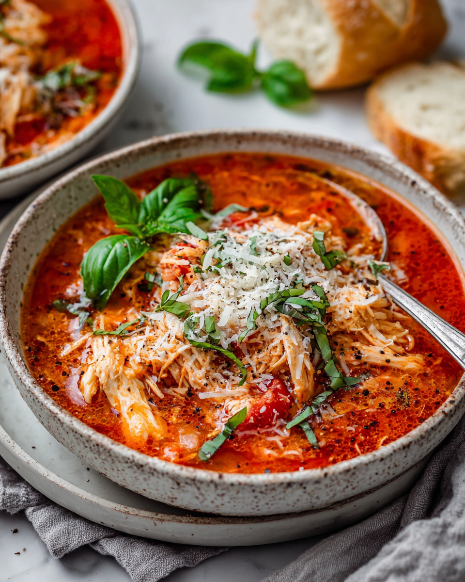 Delicious Chicken Parmesan Soup with tender chicken, rich tomatoes, and melty cheese, perfect comfort food for fall and winter.