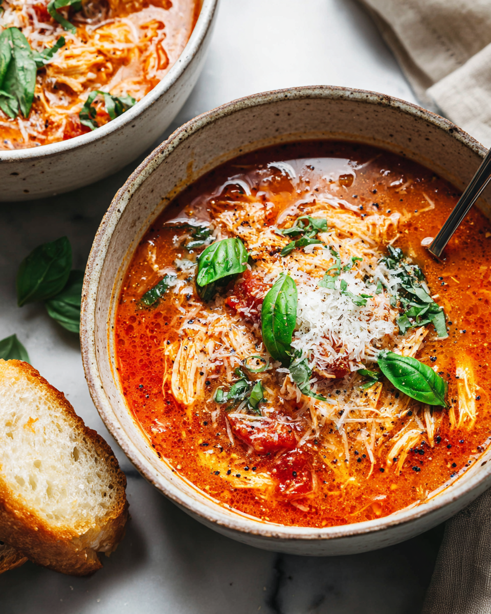 Delicious Chicken Parmesan Soup with tender chicken, rich tomatoes, and melty cheese, perfect comfort food for fall and winter.