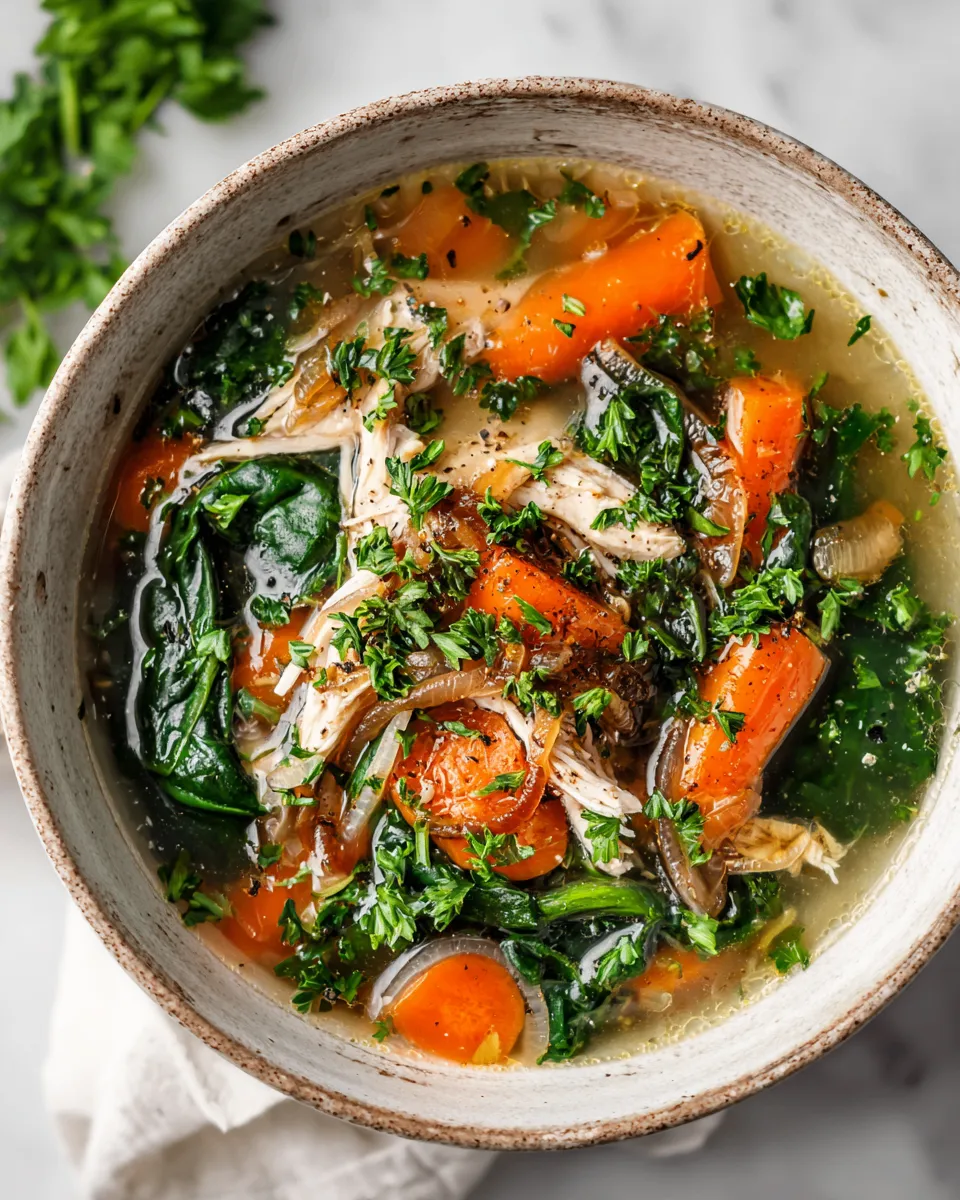 A bowl of heartwarming chicken veggie soup made with fresh ingredients, perfect for fall gatherings, nourishing, and cozy dish.