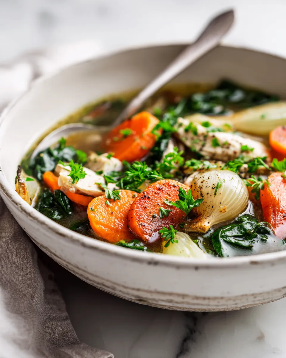 A bowl of heartwarming chicken veggie soup made with fresh ingredients, perfect for fall gatherings, nourishing, and cozy dish.