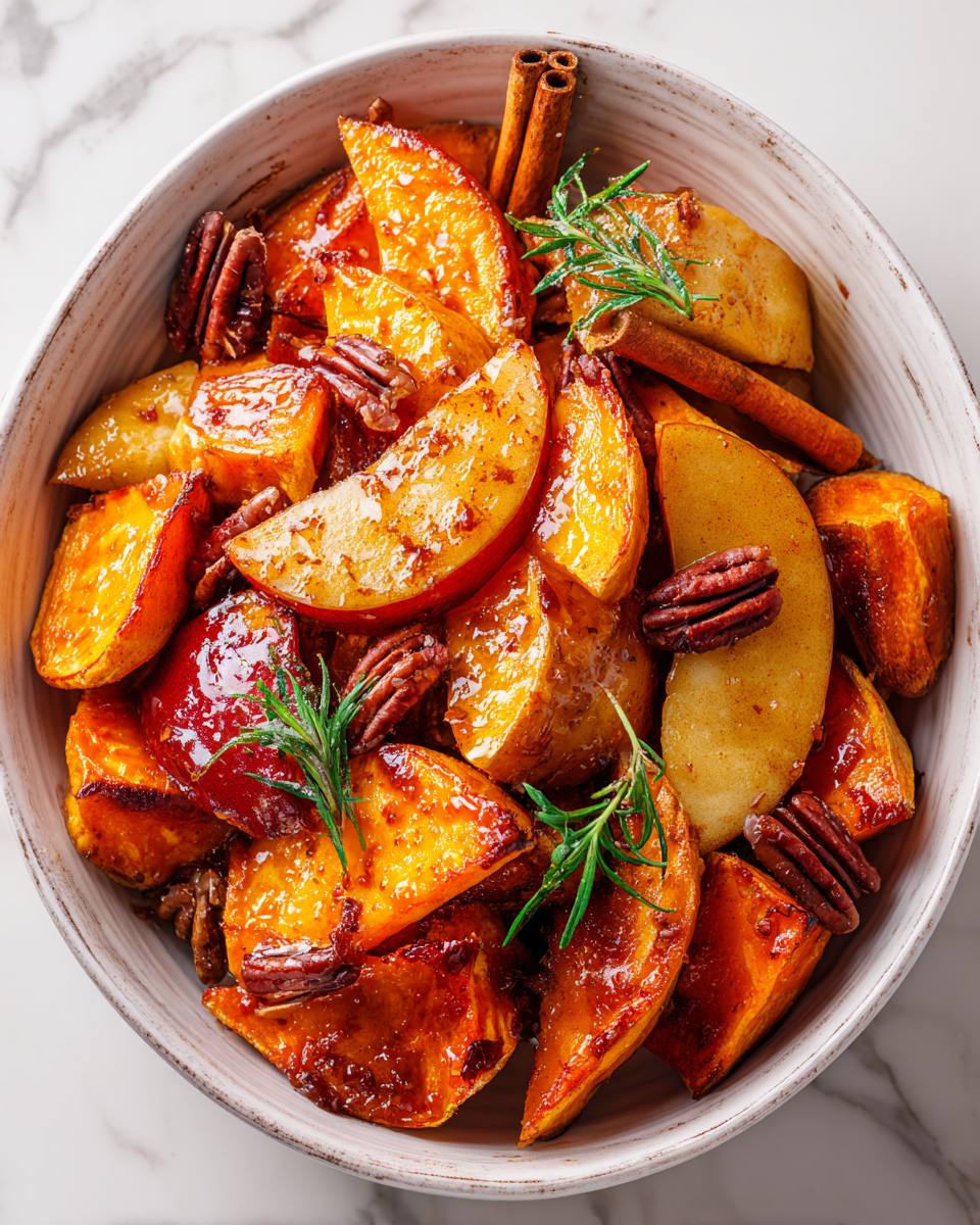 Cinnamon Roasted Sweet Potatoes and Apples showcase seasonal flavors with a warm, comforting aroma, perfect for holiday gatherings.