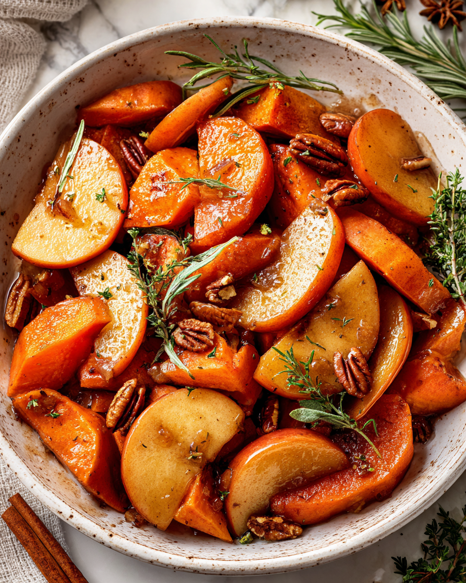 Cinnamon Roasted Sweet Potatoes and Apples showcase seasonal flavors with a warm, comforting aroma, perfect for holiday gatherings.