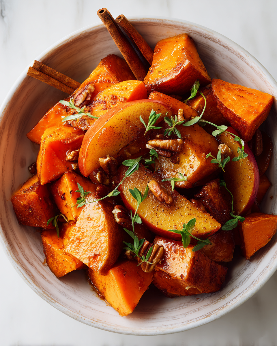 Cinnamon Roasted Sweet Potatoes and Apples showcase seasonal flavors with a warm, comforting aroma, perfect for holiday gatherings.