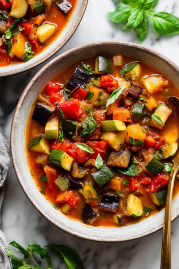Rustic Mediterranean Vegetable Ratatouille Soup Rustic Mediterranean Vegetable Ratatouille Soup with vibrant seasonal vegetables, perfect for cozy gatherings and holiday meals.