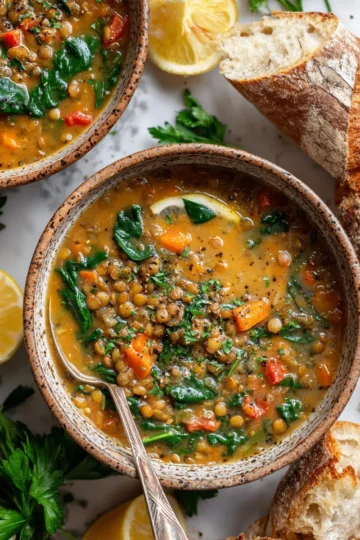 Comforting Mediterranean Lentil Soup for the Holidays A bowl of Mediterranean lentil soup with spinach and lemon, perfect for cozy holiday meals. Healthy and easy to prepare soup enriched with spices.