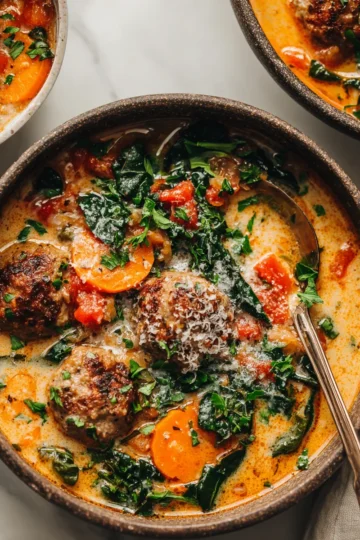 Comforting Creamy Italian Meatball Soup A bowl of creamy Italian meatball soup with vegetables, ideal for cozy fall nights, rich in flavor and comfort, perfect for the holidays.