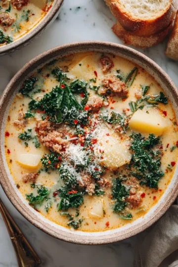 Comforting Zuppa Toscana Soup Recipe for Chilly Evenings Creamy Zuppa Toscana soup with Italian sausage, potatoes, and kale, ideal for warm gatherings.