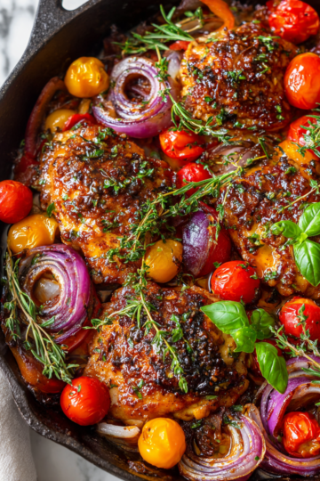 One-Pan Balsamic Chicken with vibrant vegetables, perfect for holiday gatherings, recipe for easy family meals
