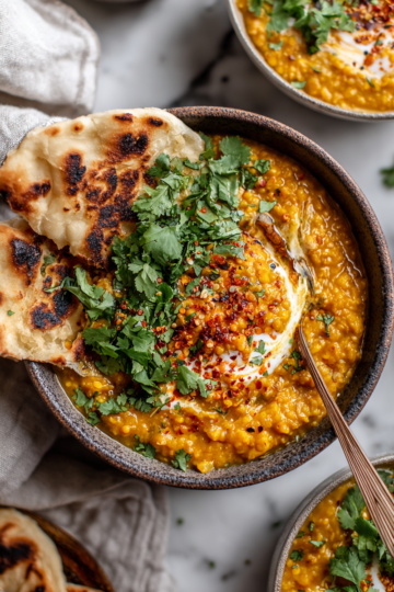 Bowl of easy red lentil dahl with coconut milk, garnished with cilantro, perfect for autumn nights.