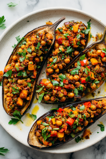 Moroccan-inspired veggie aubergines stuffed with spiced chickpeas, vibrant and healthy dish