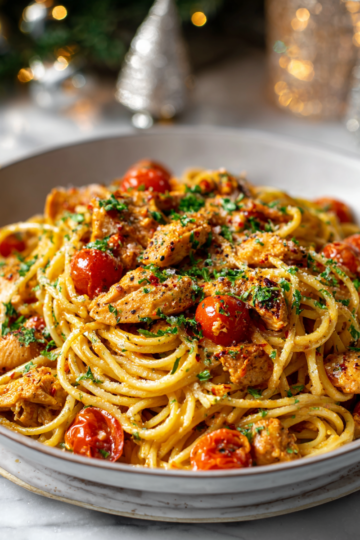 Creamy Cajun Chicken Pasta served in a bowl with parsley garnish, perfect for holiday meals
